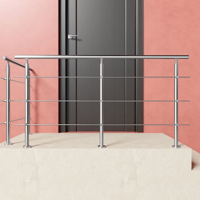 Kit garde-corps inox201 240cm (3 traverses + main courante) pour balcons/terrasses. Usage intérieur/extérieur, résiste aux intempéries