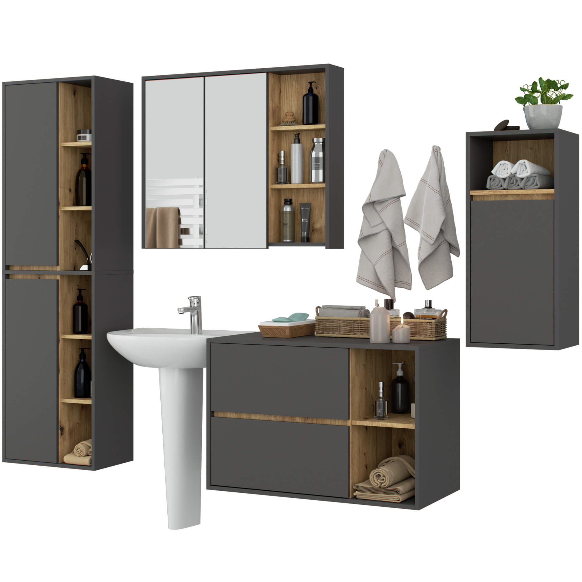 Zestaw mebli łazienkowych wiszących AKORD VAMI Grafit Szary, Dąb Artisan 5 drzwi 21 półek 2 szuflady