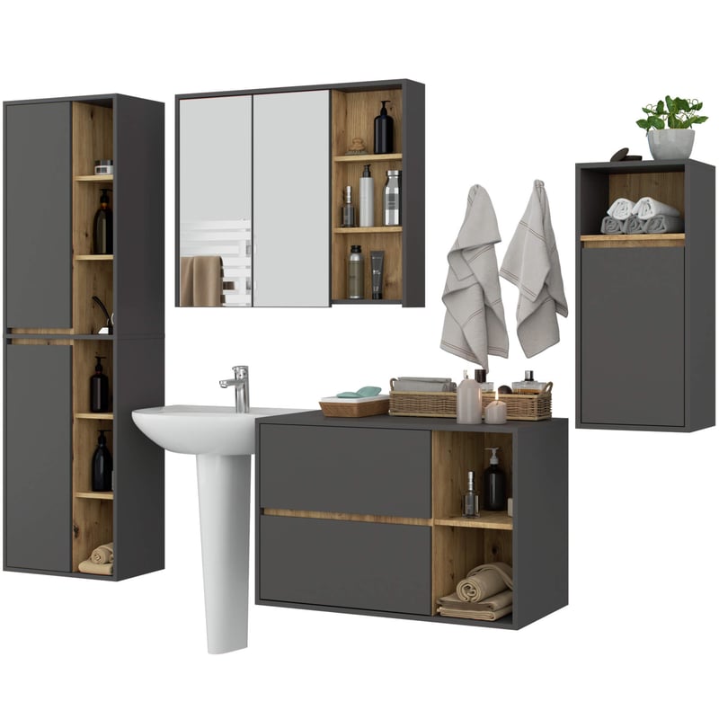 Zestaw mebli łazienkowych wiszących AKORD VAMI Grafit Szary, Dąb Artisan 5 drzwi 21 półek 2 szuflady