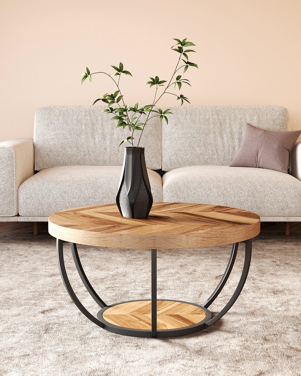 Tribesigns Industrial 2-Tier round Coffee Table , 80*80*45CM, with Storage Shelves for Living Room, Wooden Grain - 2