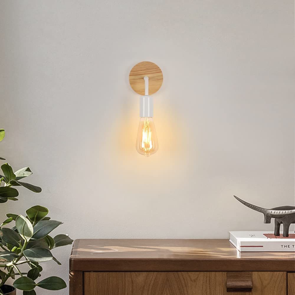 2 Applique Da Parete Vintage Stile Industriale - Lampada E27 In Metallo E Legno Per Interni, Ideale Per Camera E Corridoio (Bianco, Senza Lampadina) - Foto 2