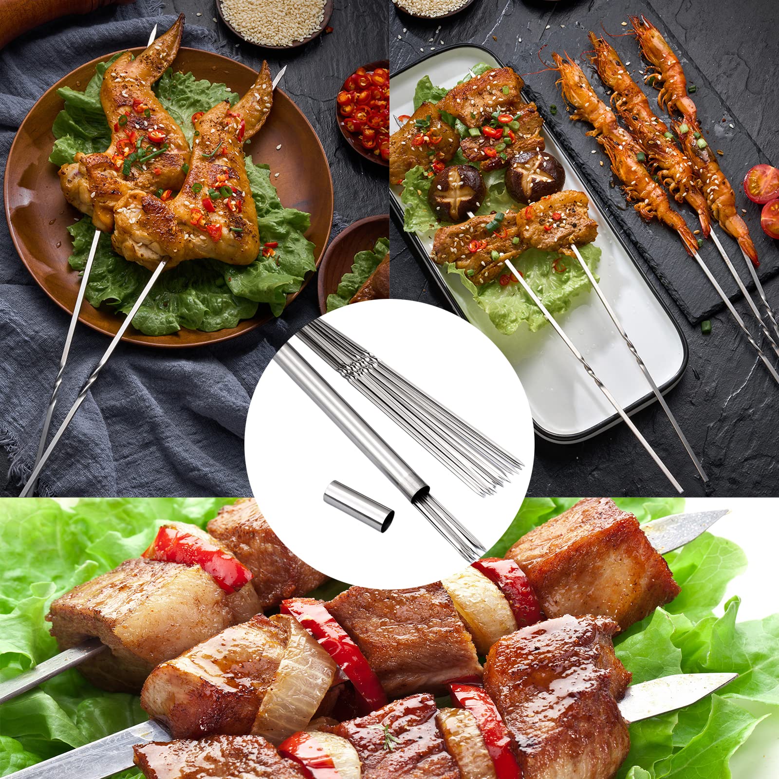 Brochettes de viande de Barbecue réutilisables en acier inoxydable, 50 pièces et 1 Tube de rangement pour Barbecue de Camping en plein air - 5