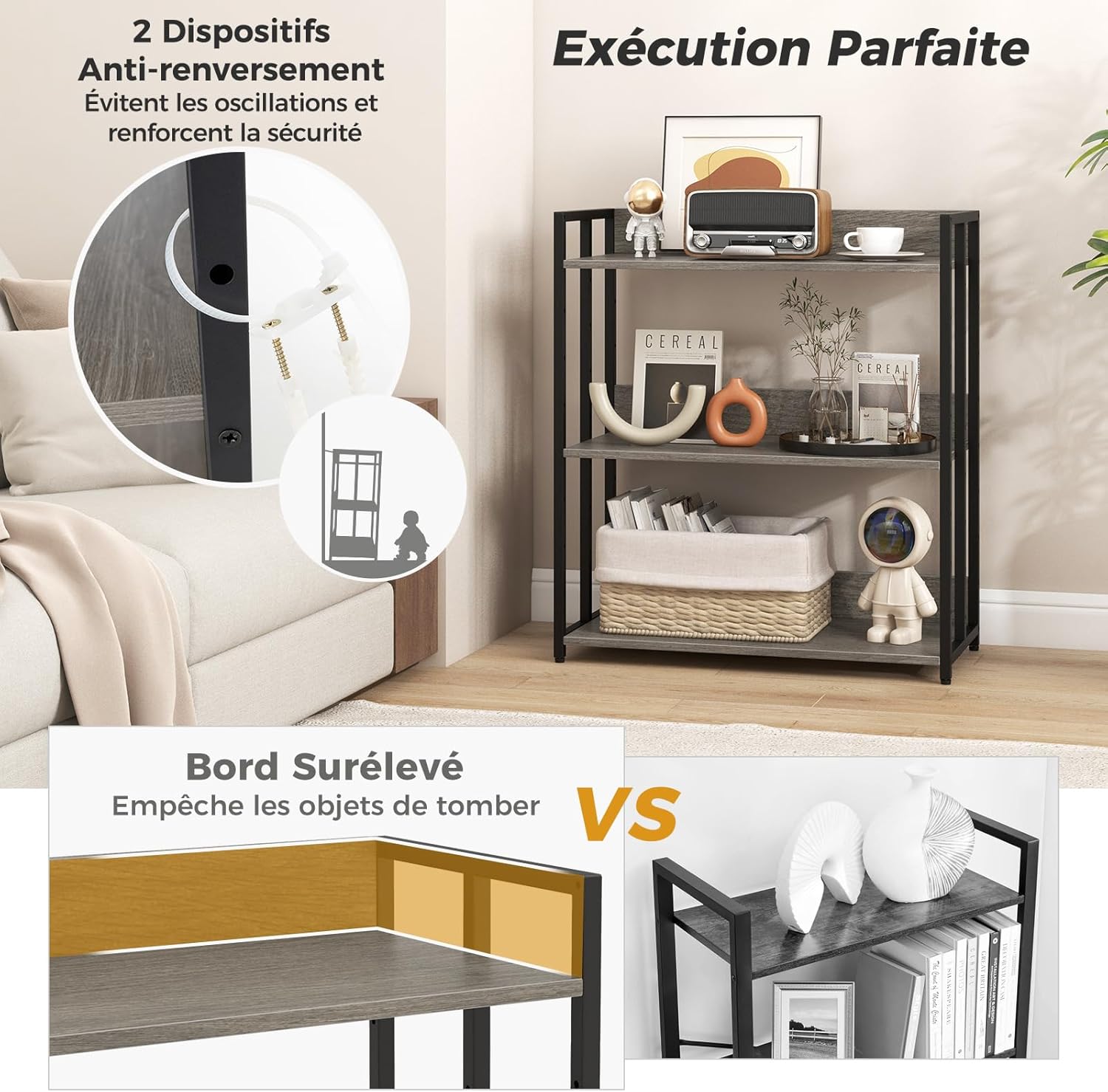 Scaffale a 3 Ripiani, Libreria Angolare Industriale con Ripiani Regolabili e Struttura Metallica, Scaffale da Terra con Dispositivo Antiribalt - 7