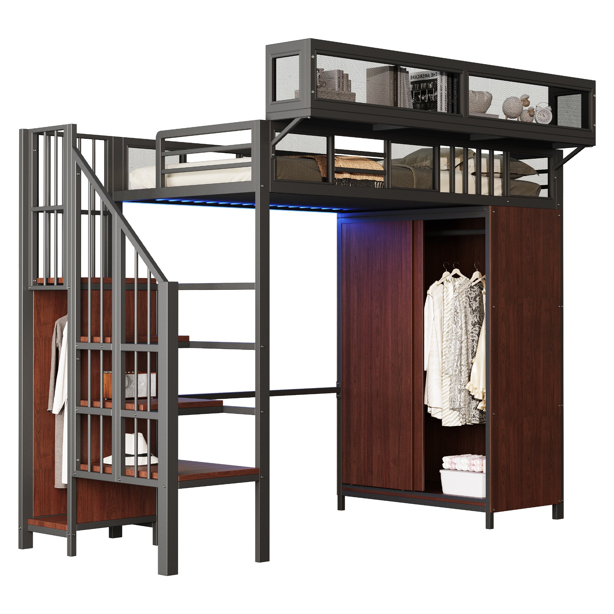 Łóżko piętrowe 90 x 200 cm z szafą, schowkiem i półką - Metal + sklejka + MDF - Diody LED - Czarne (Materac nie jest wliczony w cenę) - 8