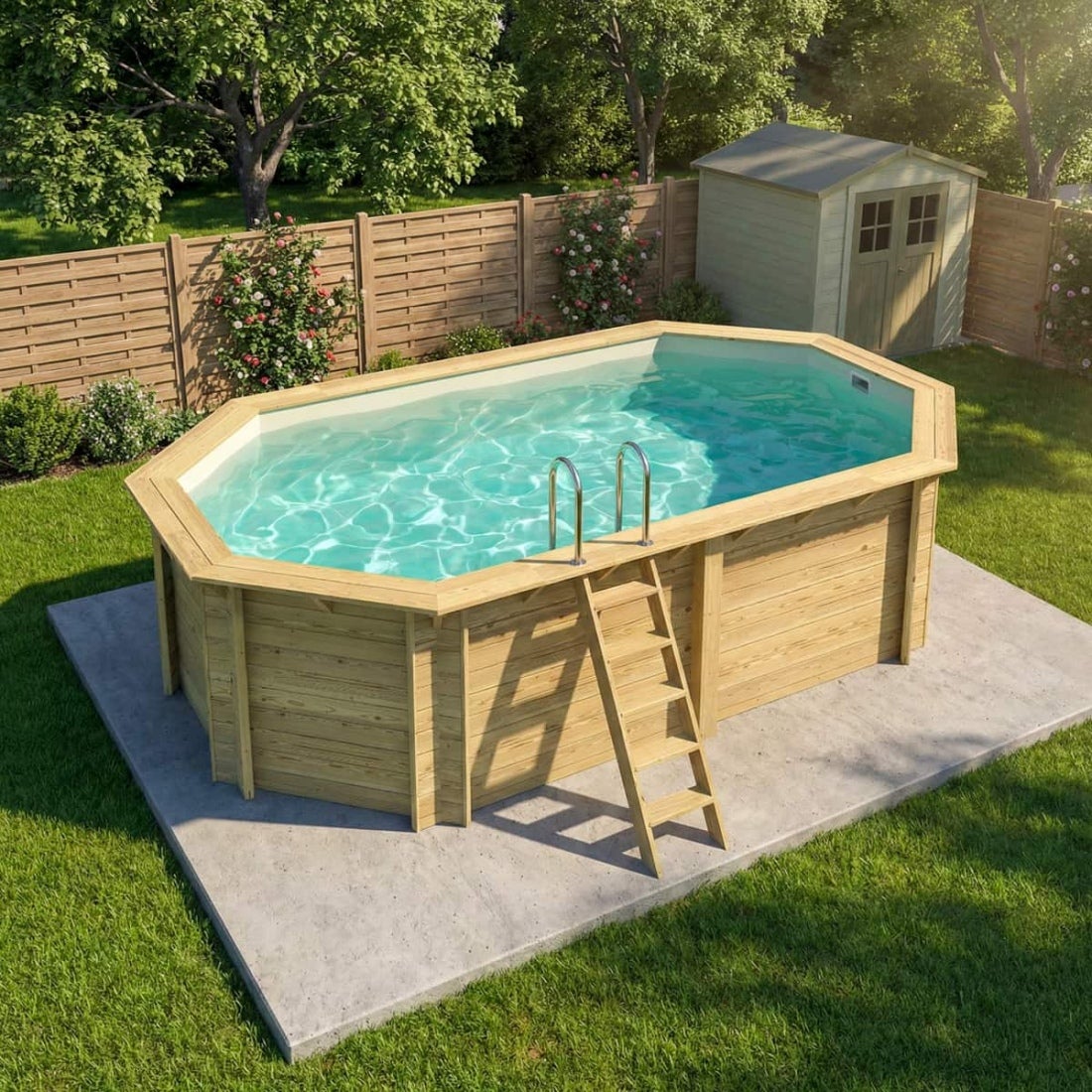 Piscină supraterană din lemn NEMO 5,79 x 3,49 – H. 1,45 m, nisip, elemente de fixare cu șuruburi – BAS7304OSPL3