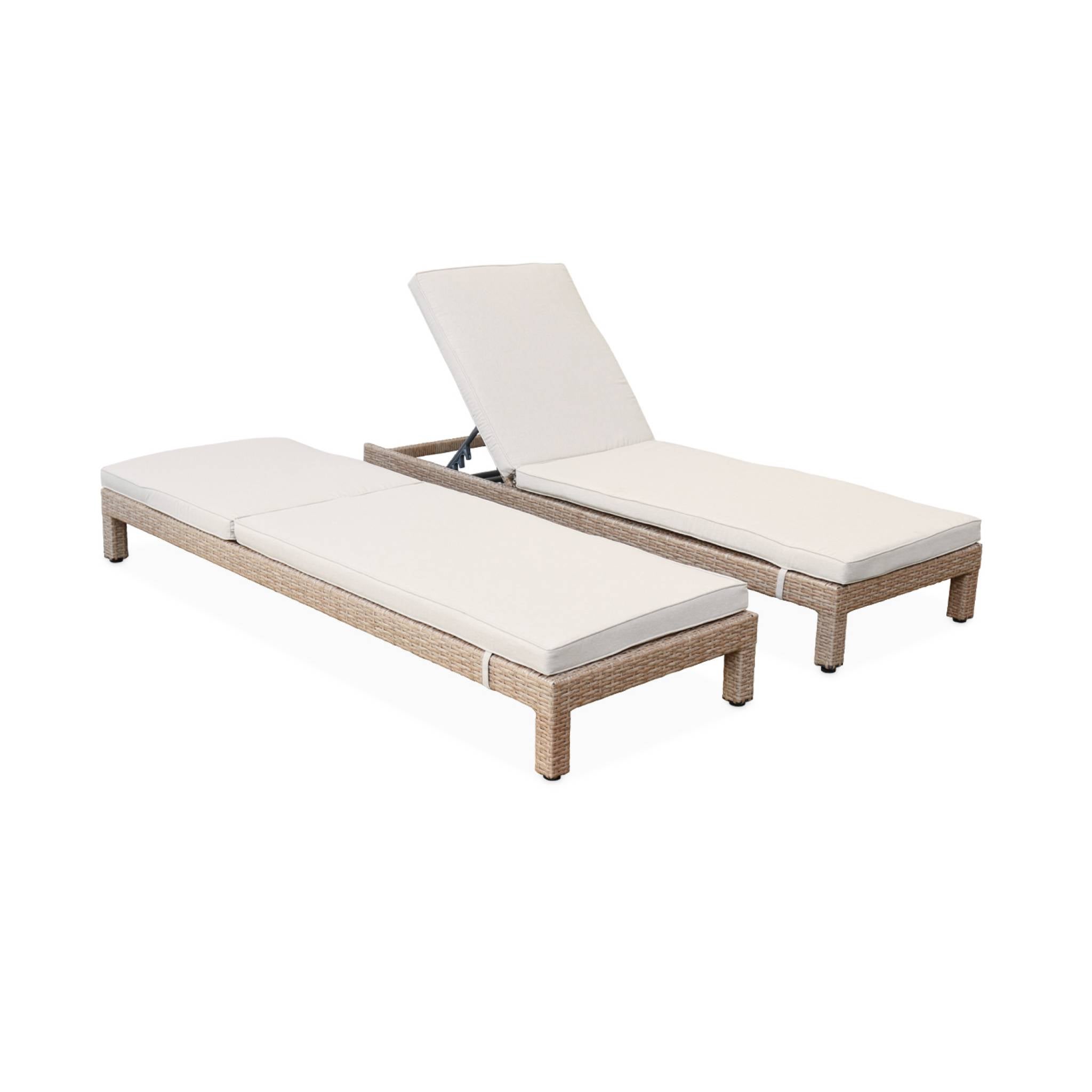 Set de 2 bains de soleil en résine tressée. transats - Pisa x2 - Naturel. Coussins beige PISA - 3