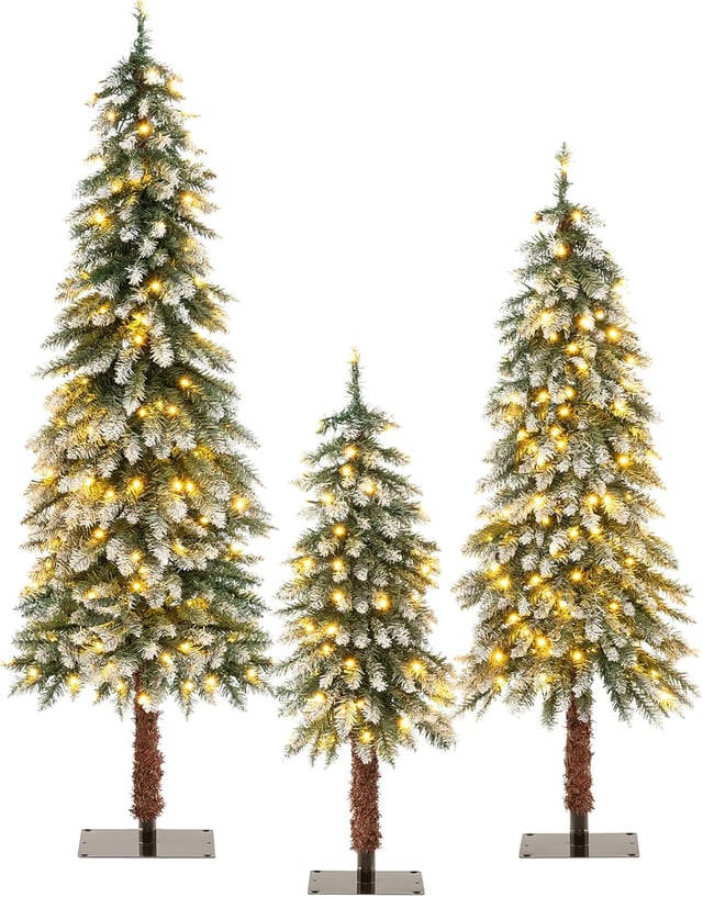 Lot de 3 Sapins de Noël Artificiels Lumineux de 90/120/150CM, Arbre de Noël avec 129/231/369 Branches en PVC et 50/100/150 Lumières LED Blanc Chaud