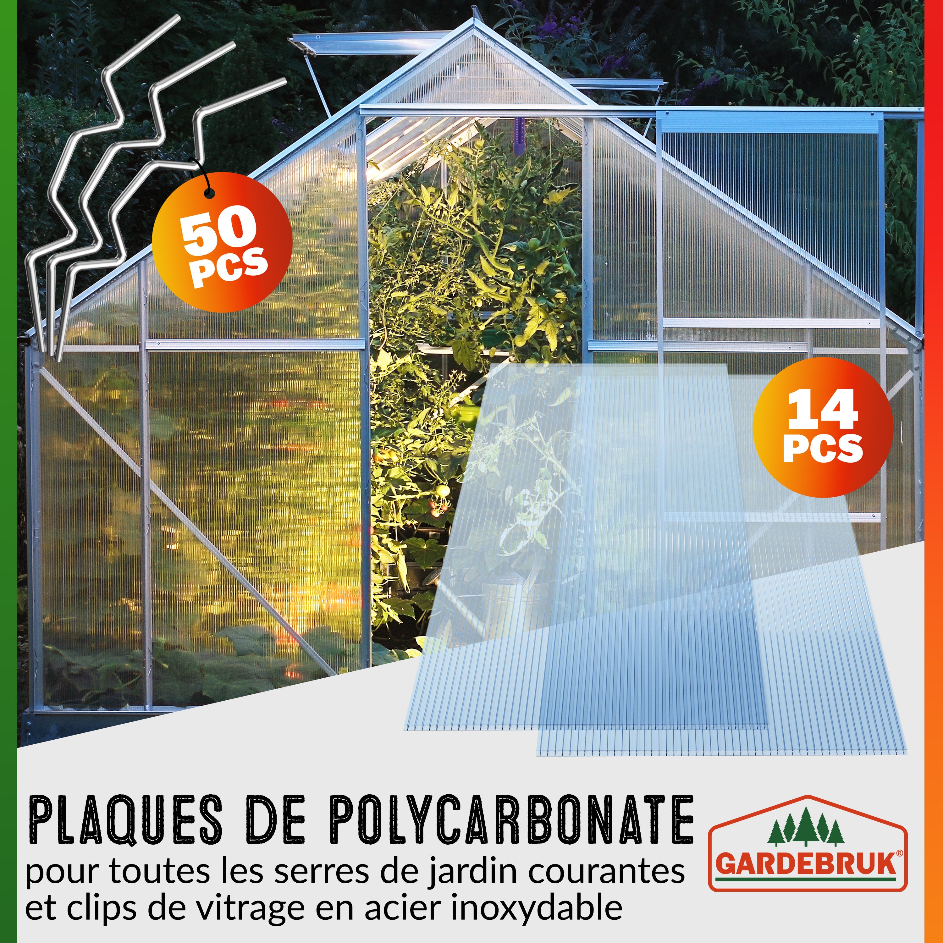 GARDEBRUK® 14x Plaques de polycarbonate creux 4mm 121x60,5cm 50 clips vitrage serre de jardin 10,25m² résistant UV double paroi isolante alvéolaire - 3