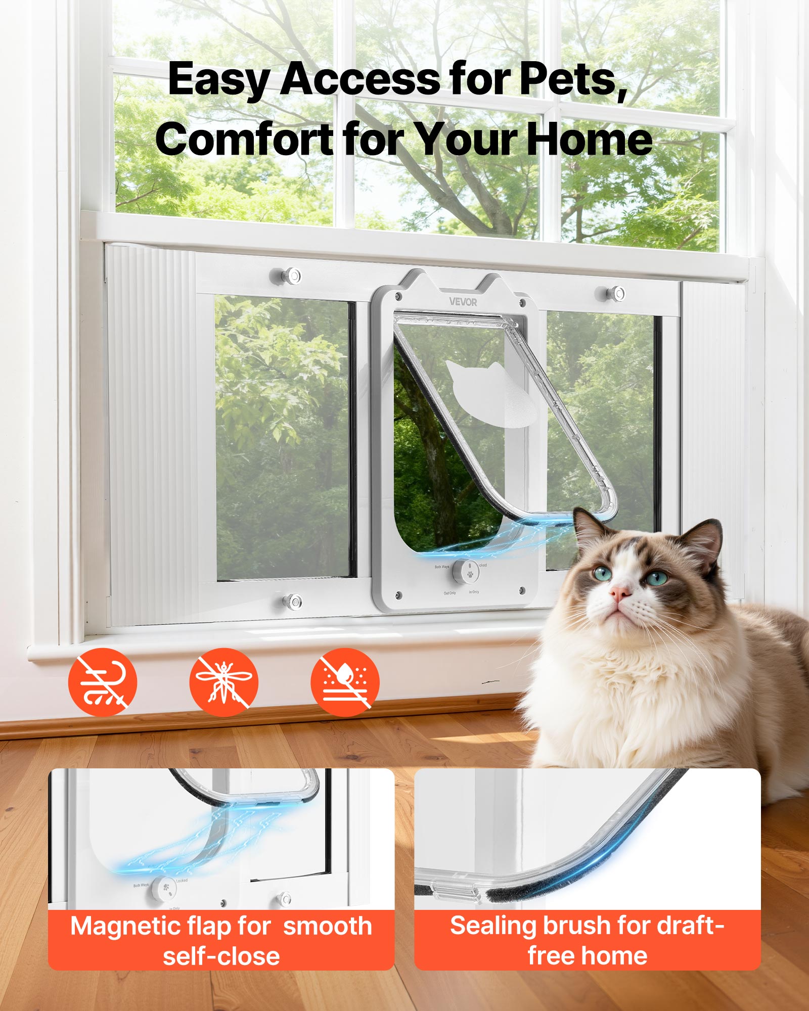 Aba Cat adequada para janelas VEVOR 787 a 914 mm, vidro de alumínio de alta transparência, fecho magnético, 4 modos de travamento, branco - 4
