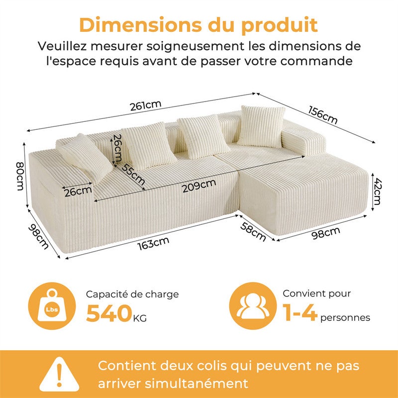 DRIPEX Canapé d'angle droit en velours côtelé avec 4 coussins,Canapé Modulable 4 places avec méridienne en L,261×156×80cm,Beige - 3