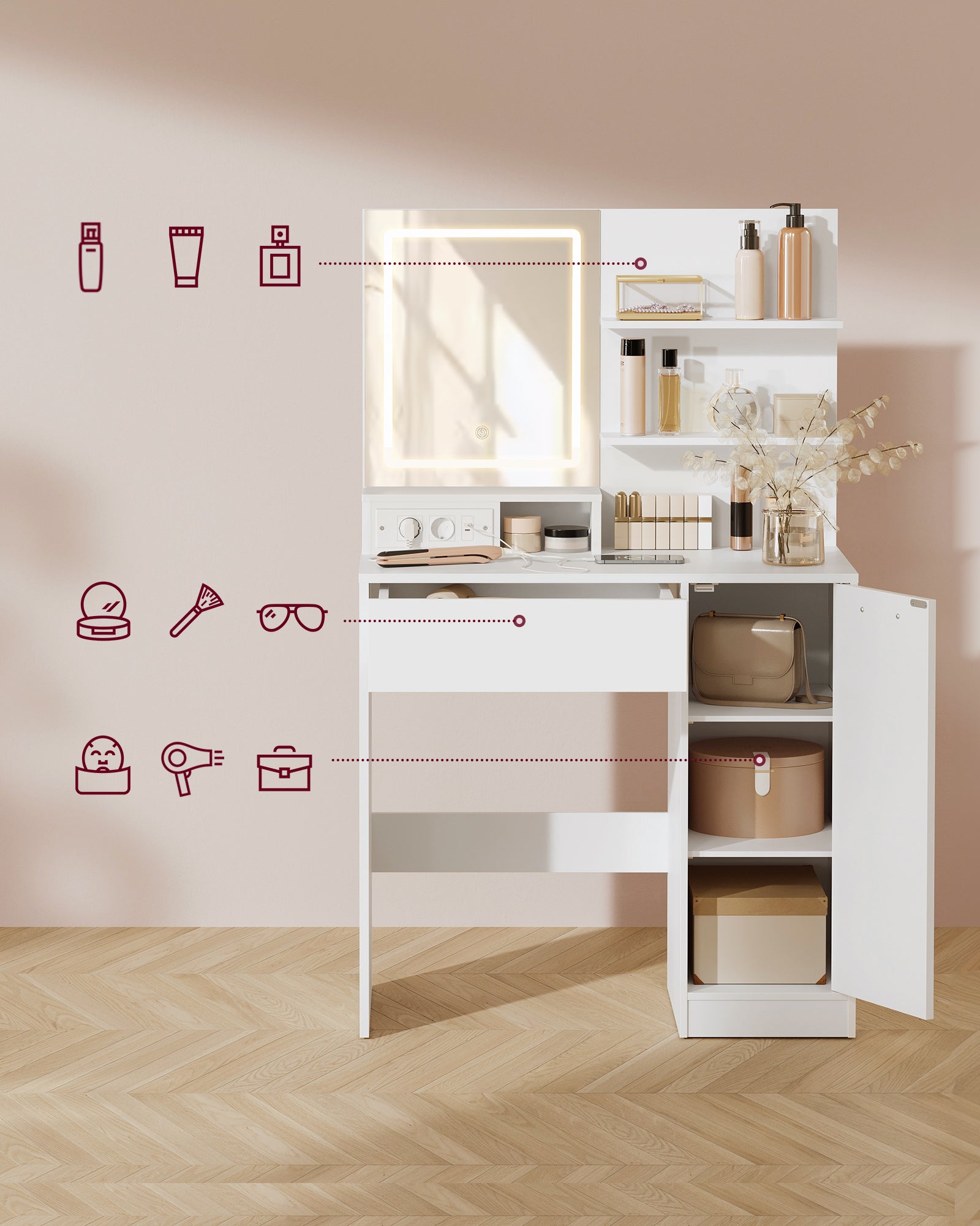 KAILYN Collection - Coiffeuse avec Miroir LED et Tabouret, avec Multiprise, Compartiment avec 2 Étagères Réglables, 1 Tiroir, 2 Étagères, Blanc - 3