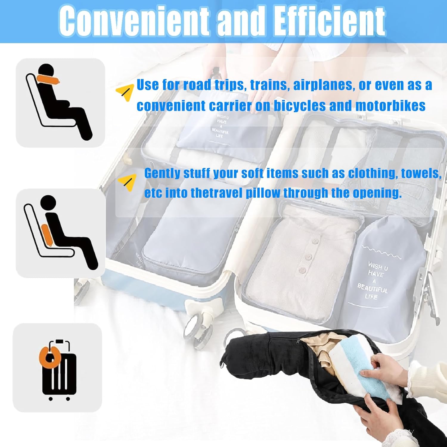 Cuscino cervicale riempibile, cuscino da viaggio con cose e vestiti, per viaggi, campeggio, ufficio e casa (senza imbottitura) - 6