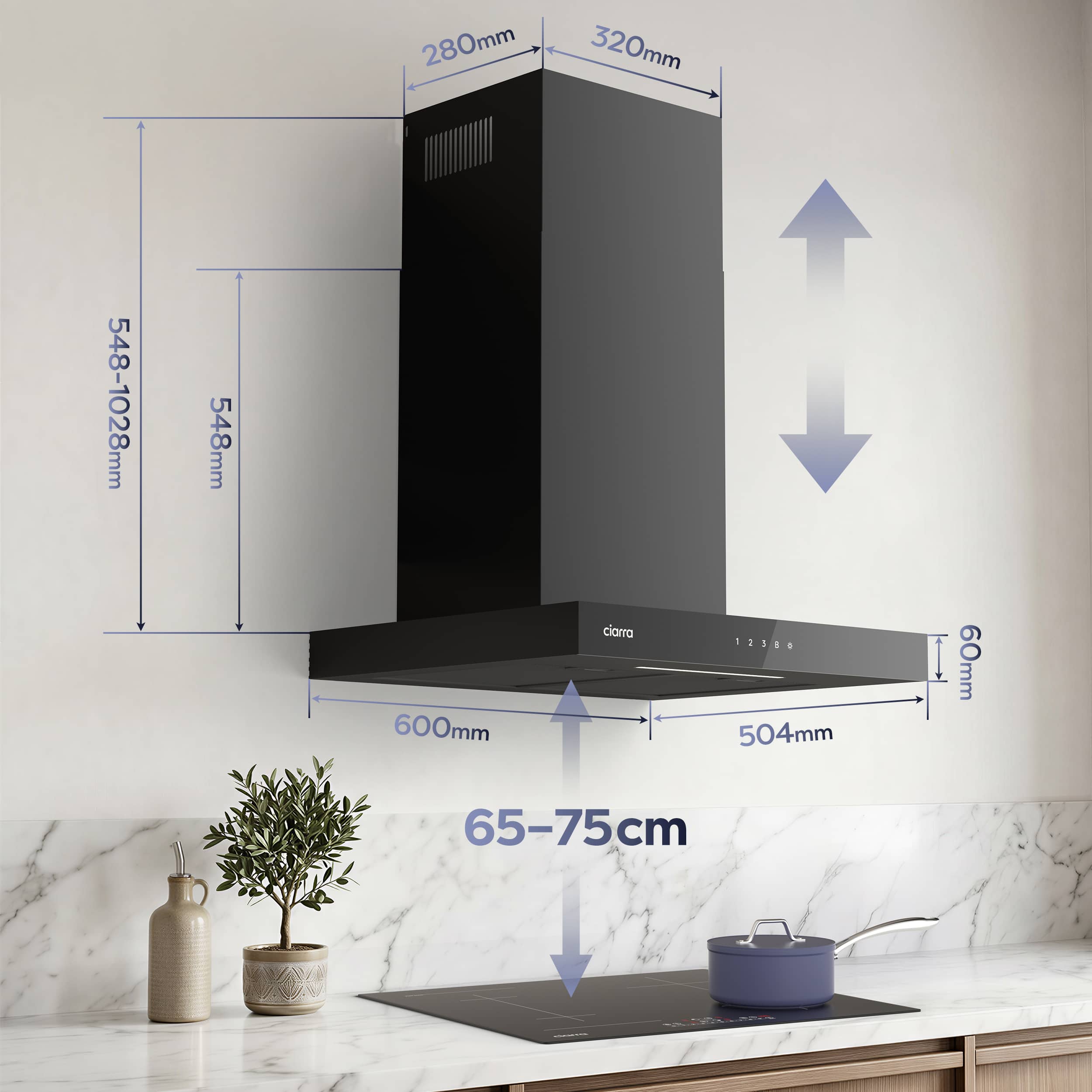 CIARRA Hotte Aspirante Murale 60 cm 706 m³/h Classe A+++ Commandes Tactiles WiFi 4 Vitesses Booster Silencieuse Noir CD6102B - 9