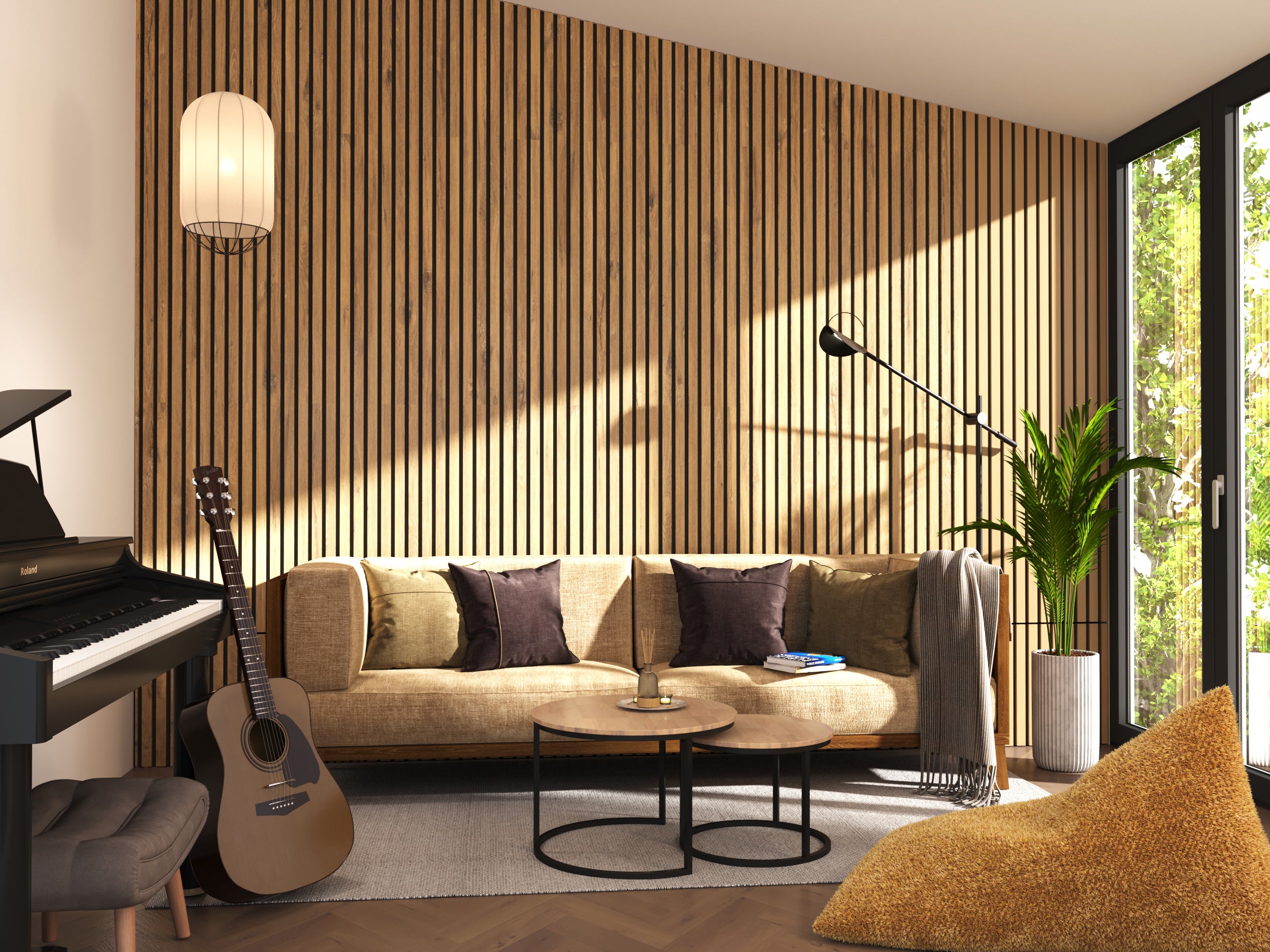 Panneau Tasseau Acoustique en Bois - Bois de Bouleau Massif - 2400x600mm - Lattes 40mm, Support en Feutre Noir - 10