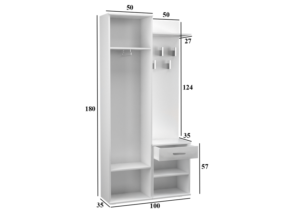 Vestiaire d'entrée complète avec deux armoires et porte-manteau mural&nbsp;UNO blanc mat meuble d'entrée 180 cm&nbsp; - 2