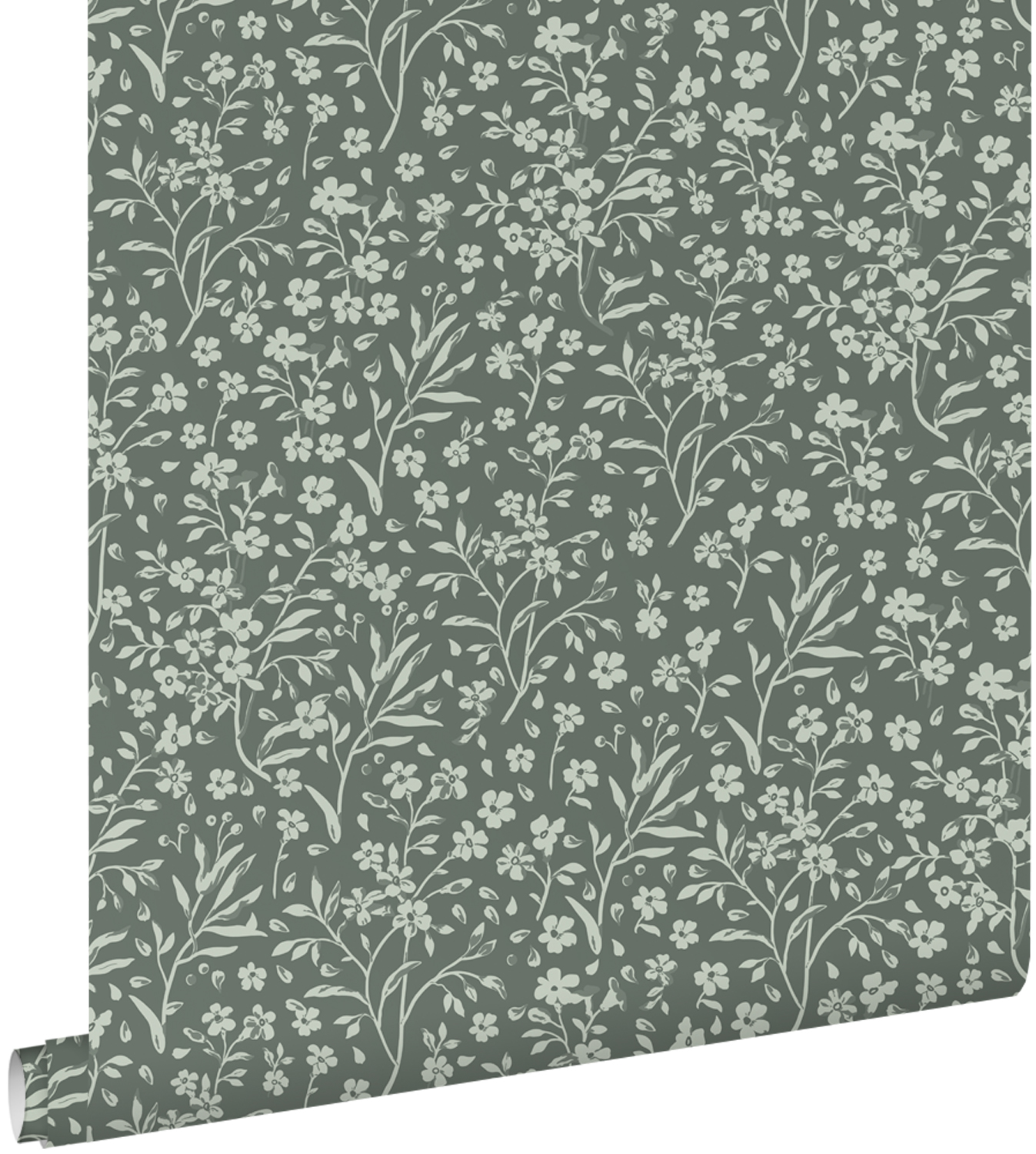 Papel pintado flores verde grisáceo - 0.53 x 10.05 m - estahome