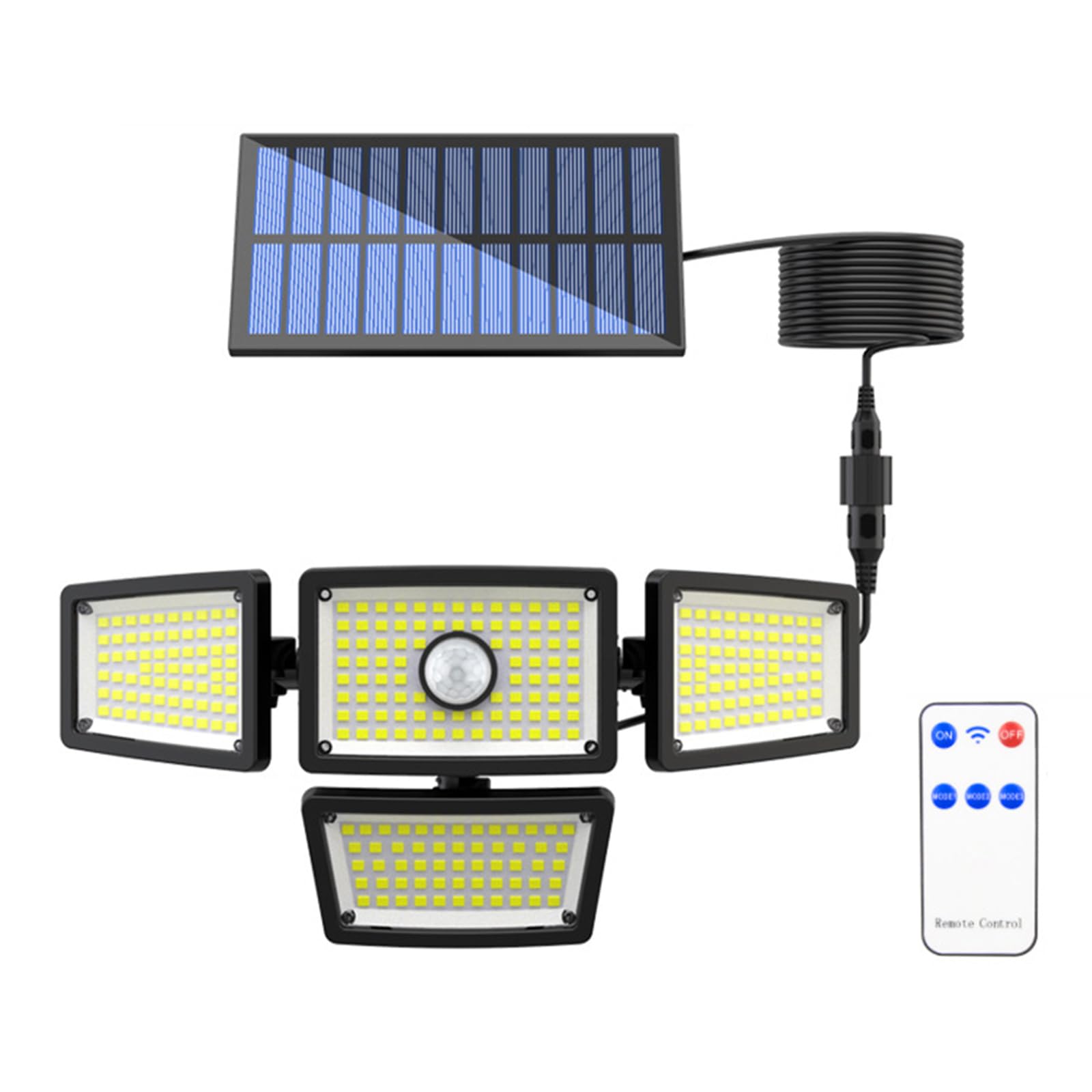 Zewnętrzna lampa solarna z 4 głowicami, wodoszczelna lampa ścienna solarna IP65 z czujnikiem ruchu i pilotem zdalnego sterowania, kąt oświetlenia 270°