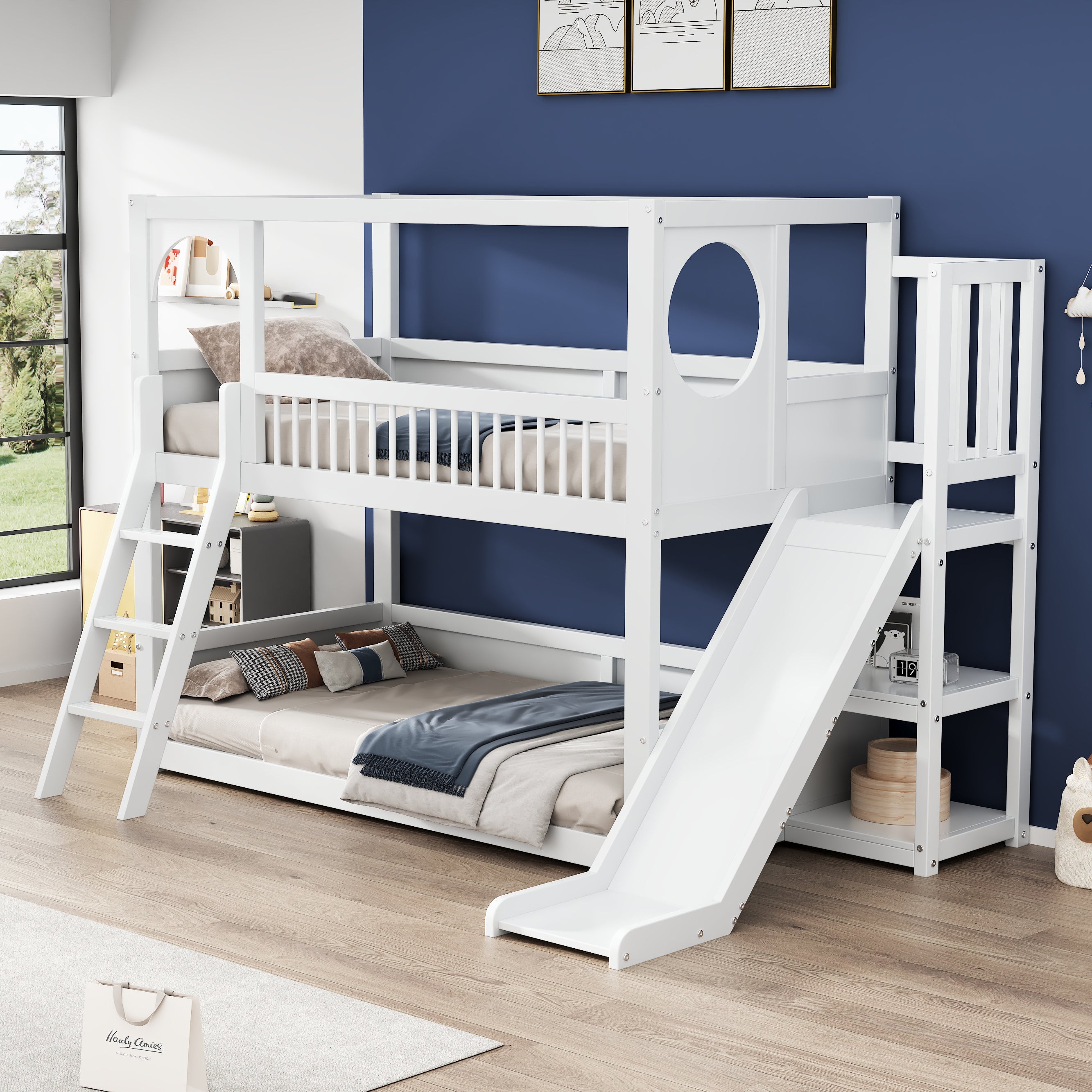 Etagenbett Kinder - multifunktional, 90x200 cm, z regałami i rutsche, biały, bez materaca