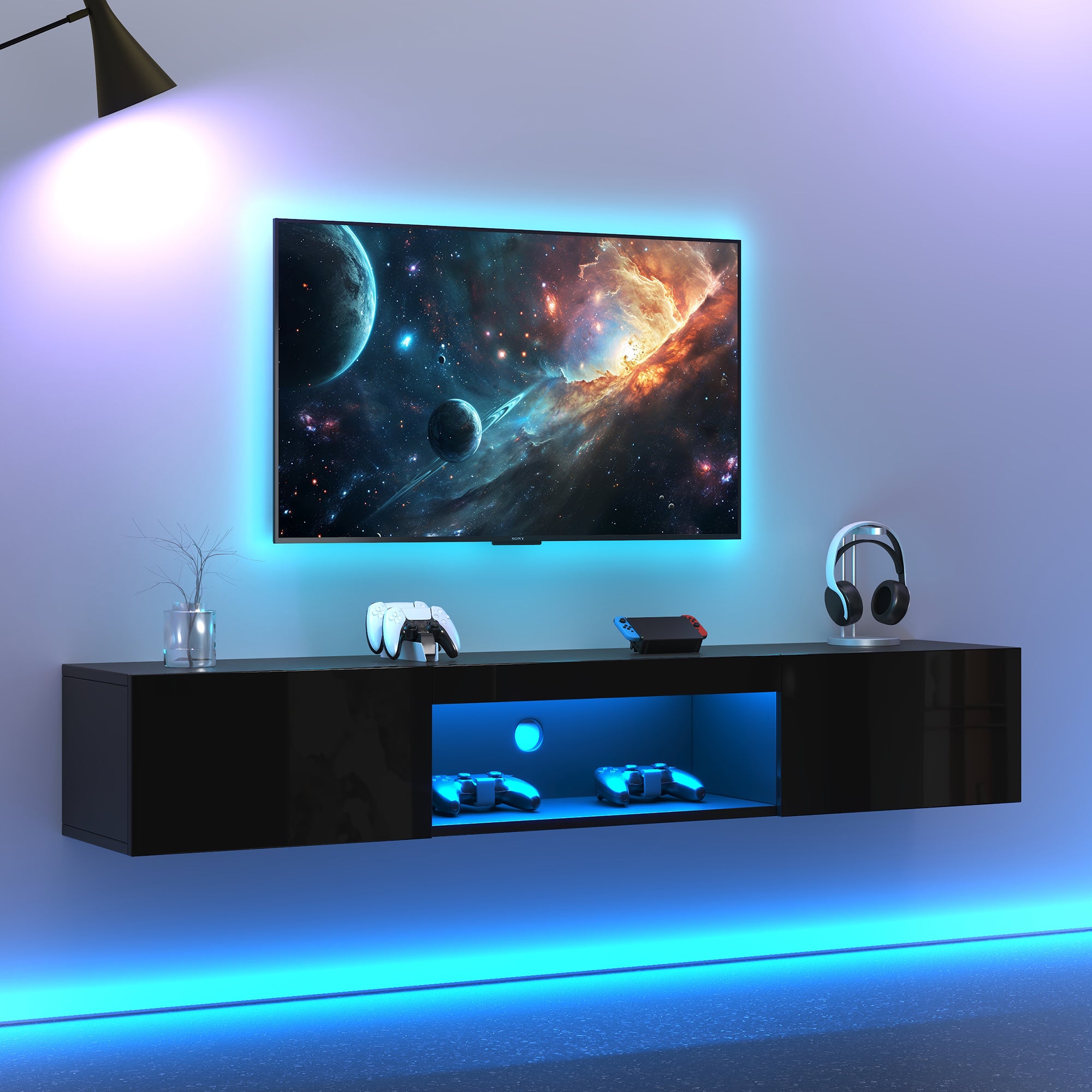 Szafka ścienna pod telewizor z 2 drzwiami i otwartą przegrodą - 160 x 31 x 22 cm - Oświetlenie LED - Płyta wiórowa - Czarny połysk - 5