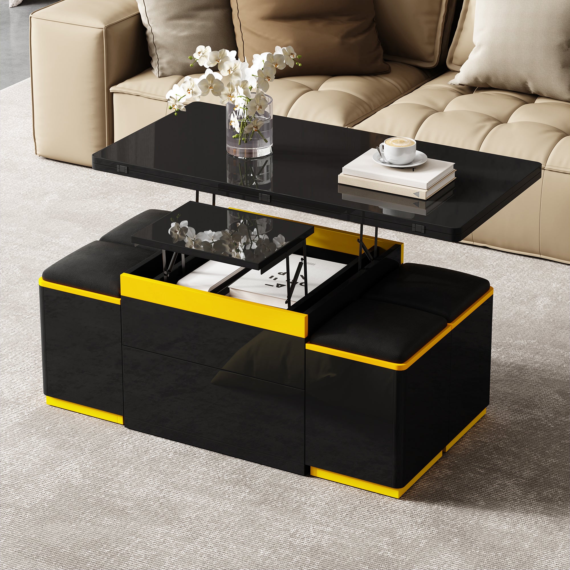 Stolik kawowy z podnoszonym blatem, 4 krzesłami i 2 szufladami – 100 x 50 x 43 cm – Płyta wiórowa + MDF – Czarny - 3