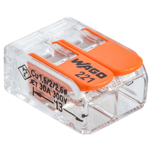 Borne de connexion Wago S221, 3 bornes 2 entrées, section 6 mm², levier, points de test, dimensions 16x10,1x21,1 mm