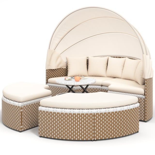 Set salotto da giardino in rattan con divano angolare, tavolino e sedie, tettuccio retrattile e cuscini inclusi