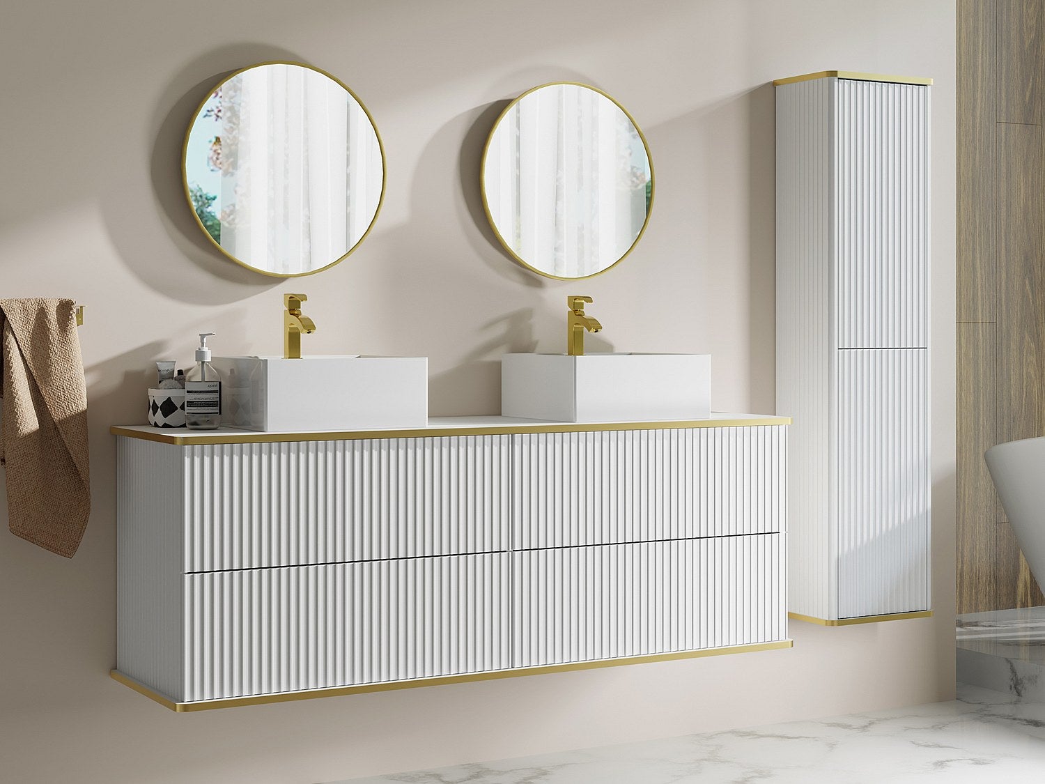 Podwieszana szafka łazienkowa prążkowana z podwójną kwadratową umywalką nablatową i słupkiem - Biała - 150 cm - KELIZA