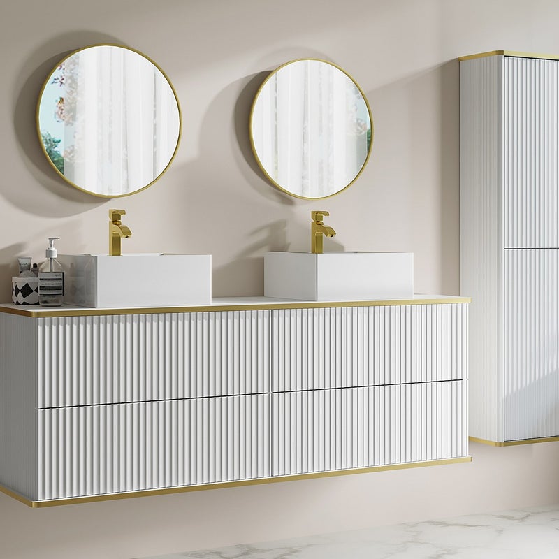 Podwieszana szafka łazienkowa prążkowana z podwójną kwadratową umywalką nablatową i słupkiem - Biała - 150 cm - KELIZA