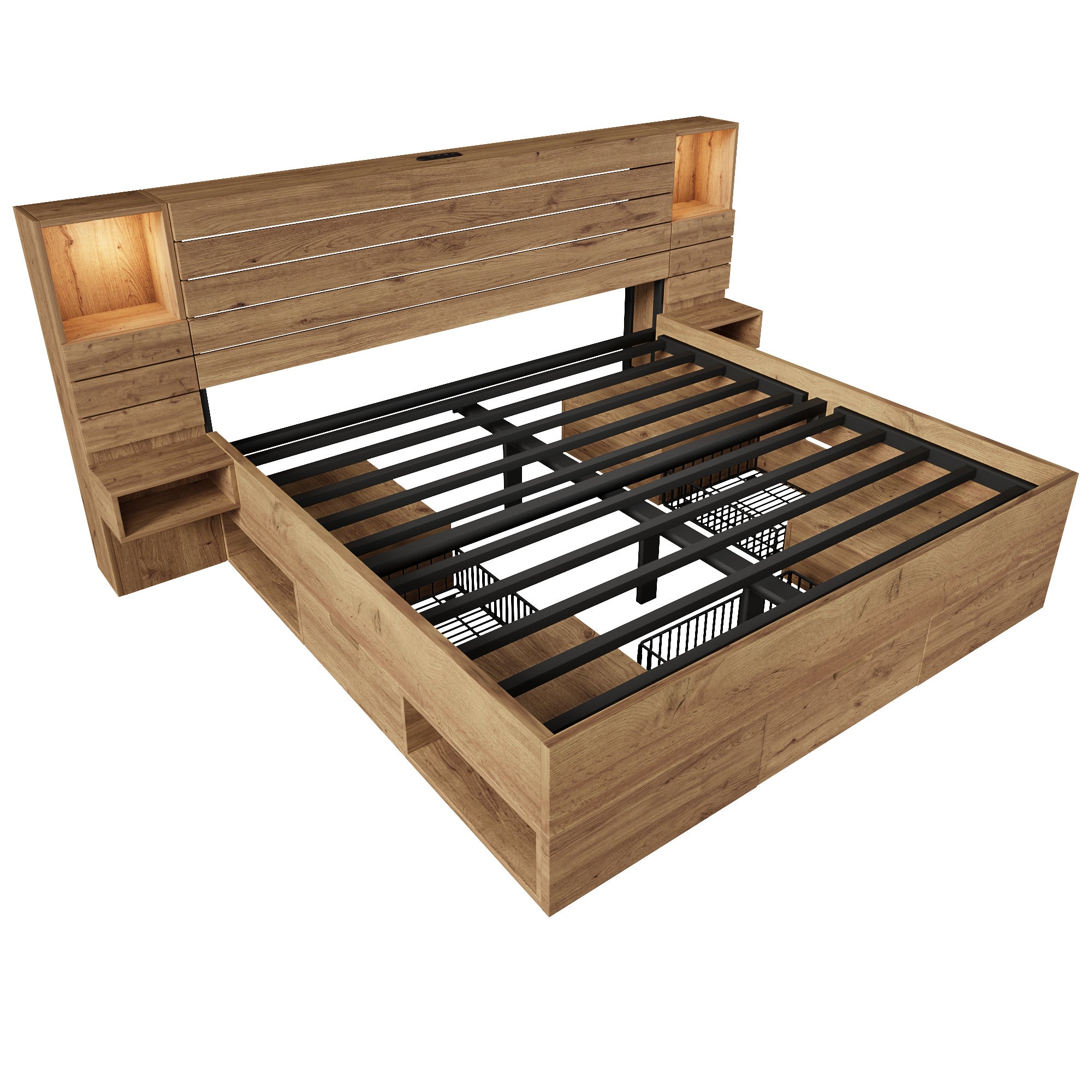 Lit en Bois Massif 160x200 cm, Lit Double avec Éclairage LED, avec USB Type-C, lit de Rangement avec 3 tiroirs et Tables de Chevet (sans Matelas) - 6