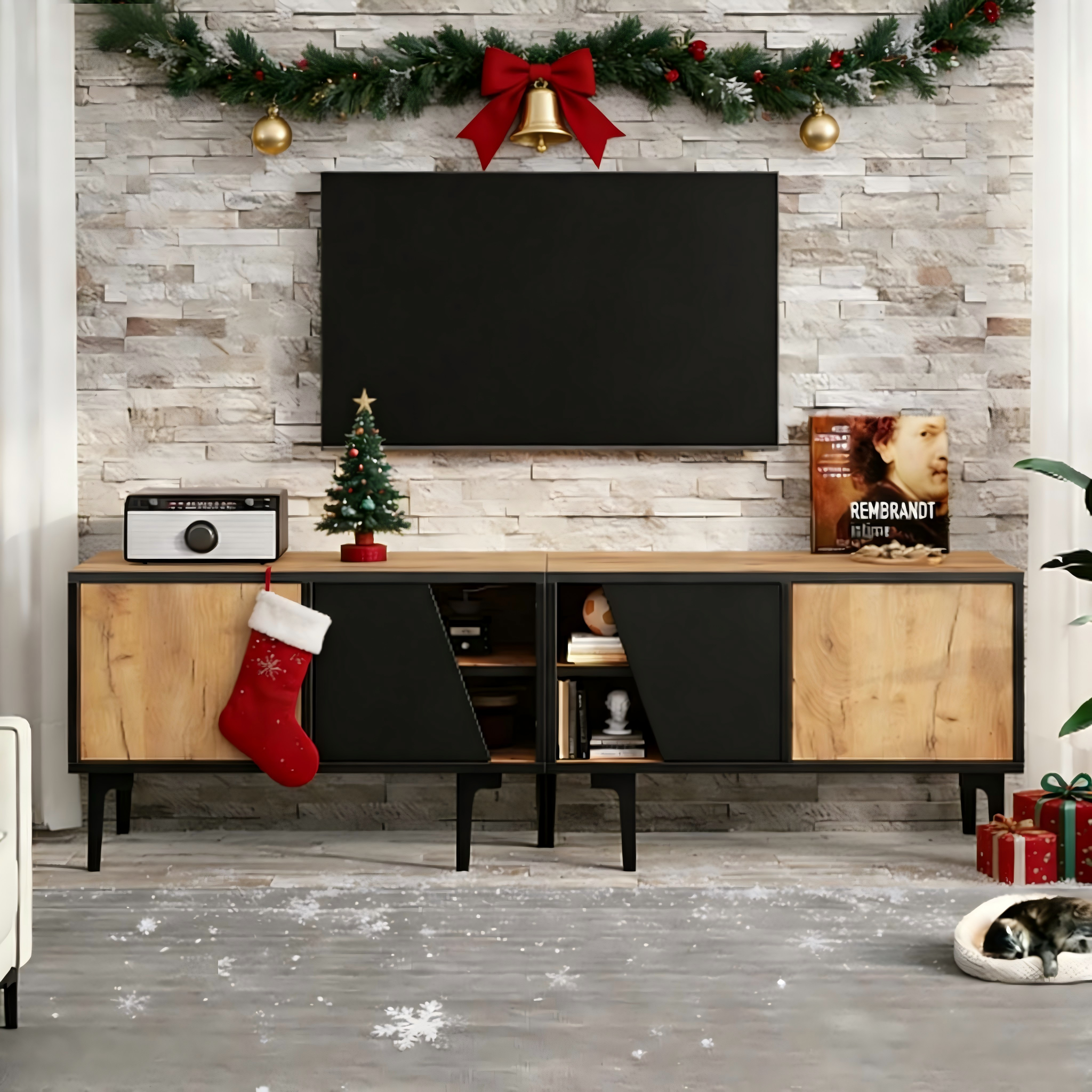 Stolik pod TV z 4 drzwiami - 160 x 36,5 x 45 cm - Płyta wiórowa - Naturalna