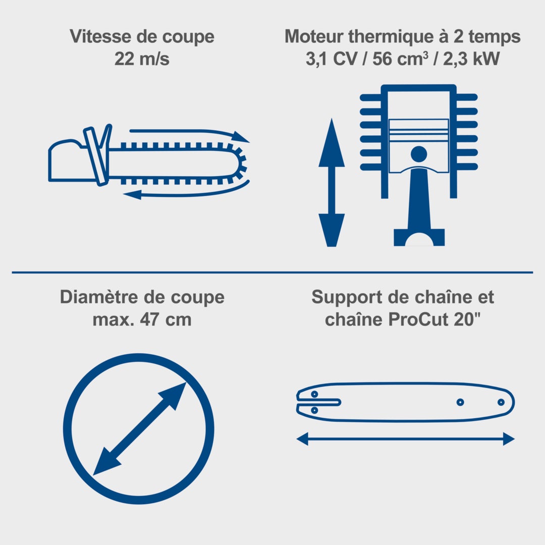 Scheppach Tronçonneuse thermique PCS56E - 56 cm³ - moteur 2 temps - longueur 51 cm - Ø de coupe max 47 cm - 1 bat Li-Ion 2,0Ah + chargeur inclus - 4