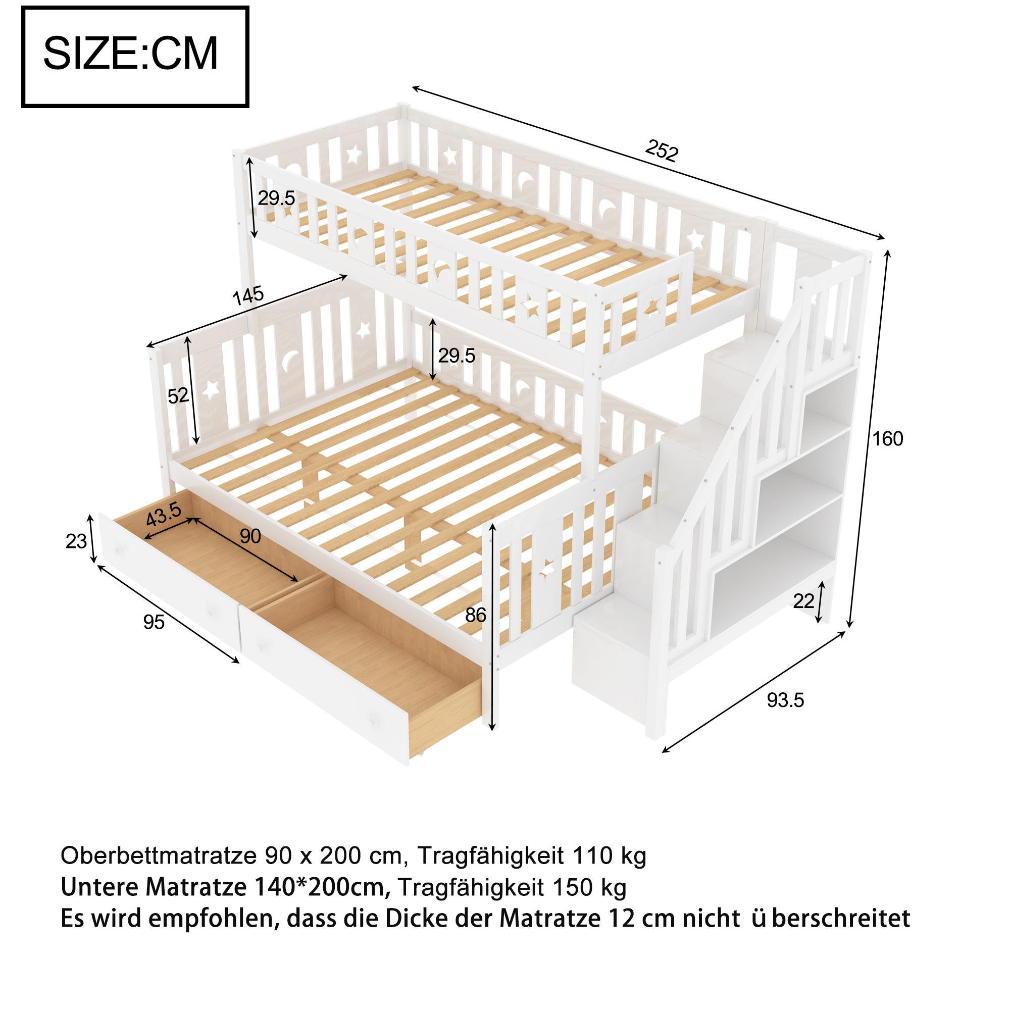Lit superposé 90/140x200 cm en bois massif - avec escalier de rangement et 2 tiroirs - Blanc - 5