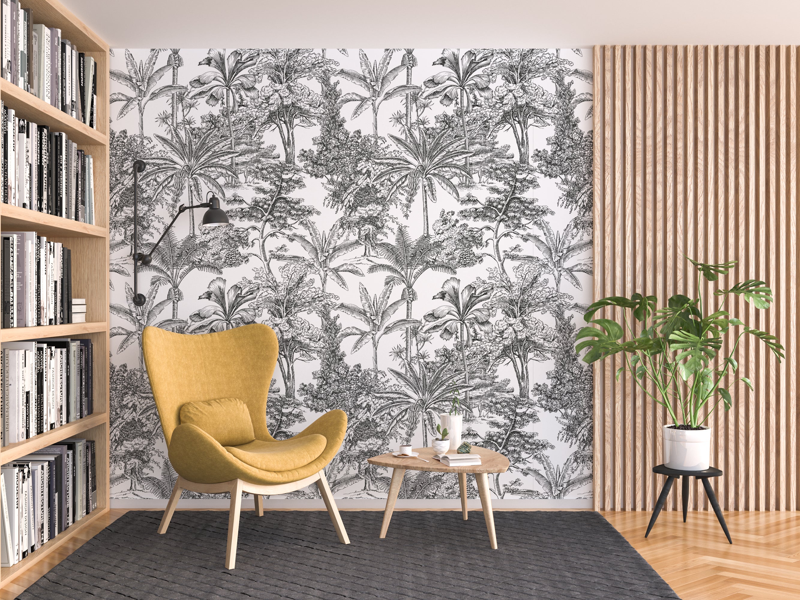 Papier peint vinyle lavable Arbres de la jungle en noir et blanc 135x300 cm, colle au mur, adapté salon, cuisine et salle de bain. - 2