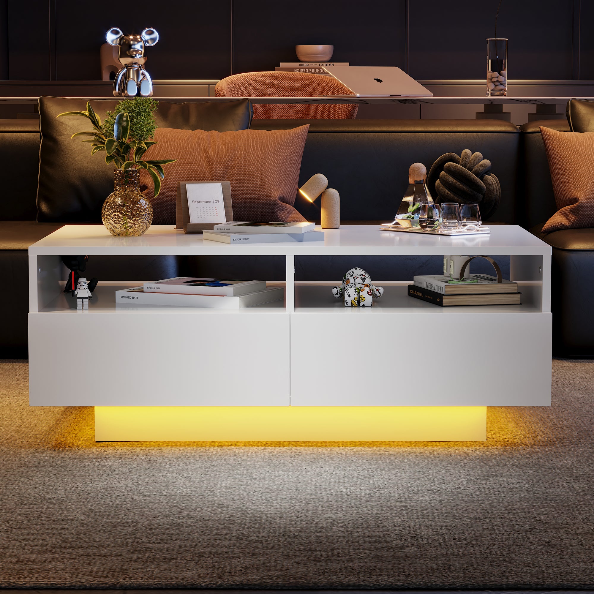 CLIPOP Table basse blanche brillante - Table d'appoint avec étagère d'exposition ouverte - Table basse moderne pour salon - 120 x 60 x 41,5 cm