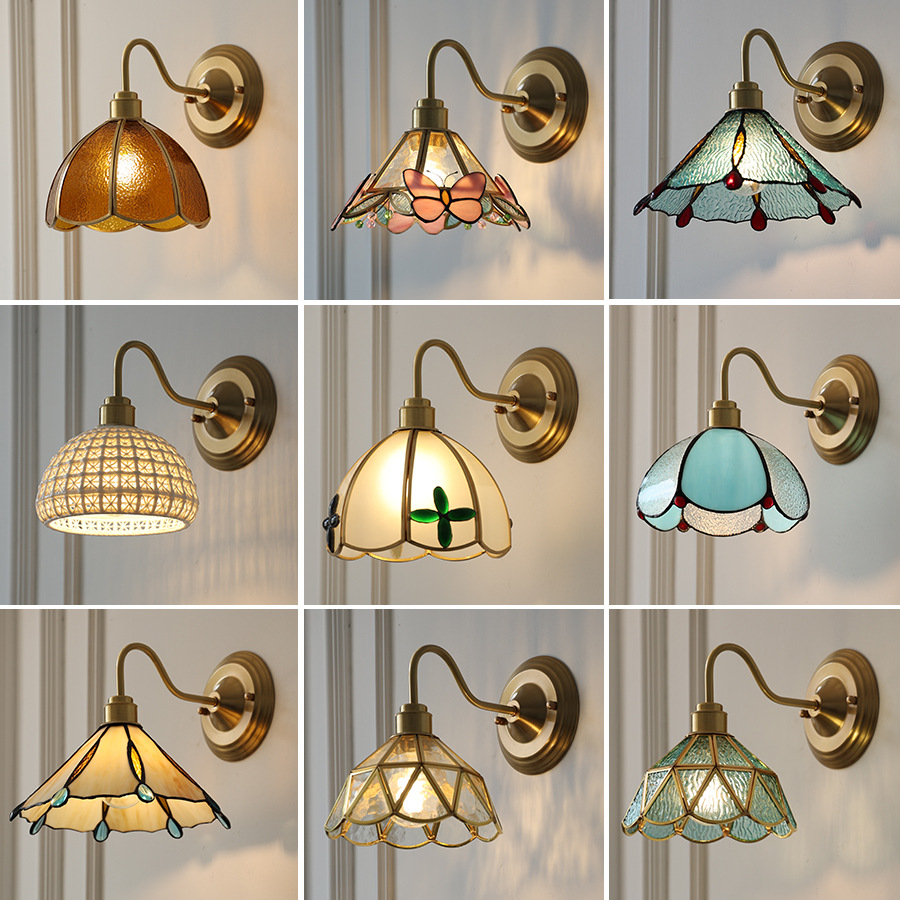 Kinkiet, lampka nocna w stylu vintage, mosiężna lampa ścienna z kloszem szklanym, lampa ścienna wewnętrzna z żarówką, ciepłe światło 3000K - 7
