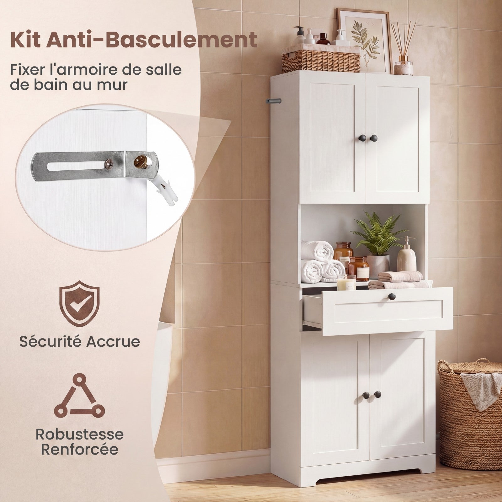Mobiletto da Bagno Alto 171,5 CM, Armadietto da Terra con 4 Ante e 1 Cassetto, Vano Aperto, Ripiani Regolabili, Organizer Moderno in Legno per Bagno - 5