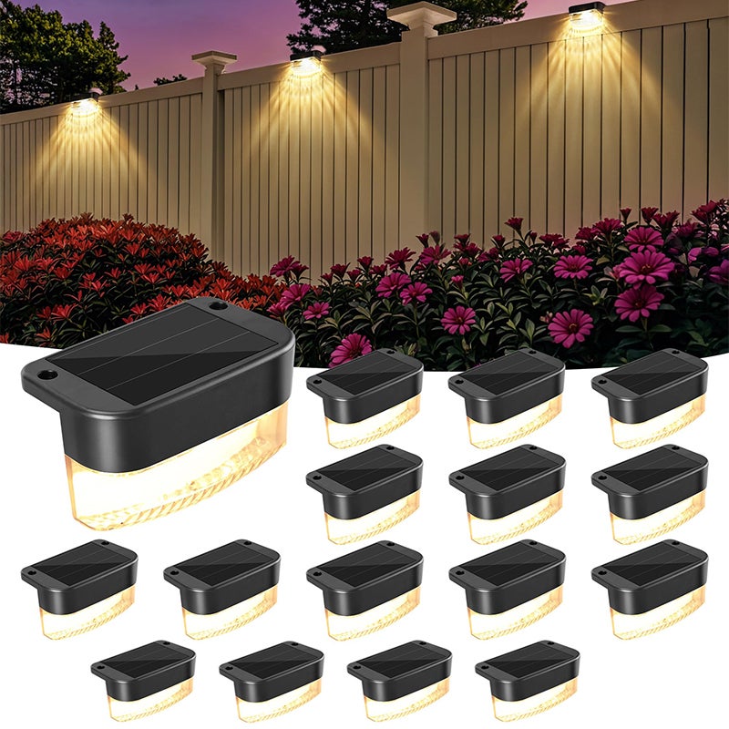Zestaw 16 zewnętrznych lamp ogrodowych, słoneczne oświetlenie LED, nastrojowe oświetlenie schodowe, ciepłe światło