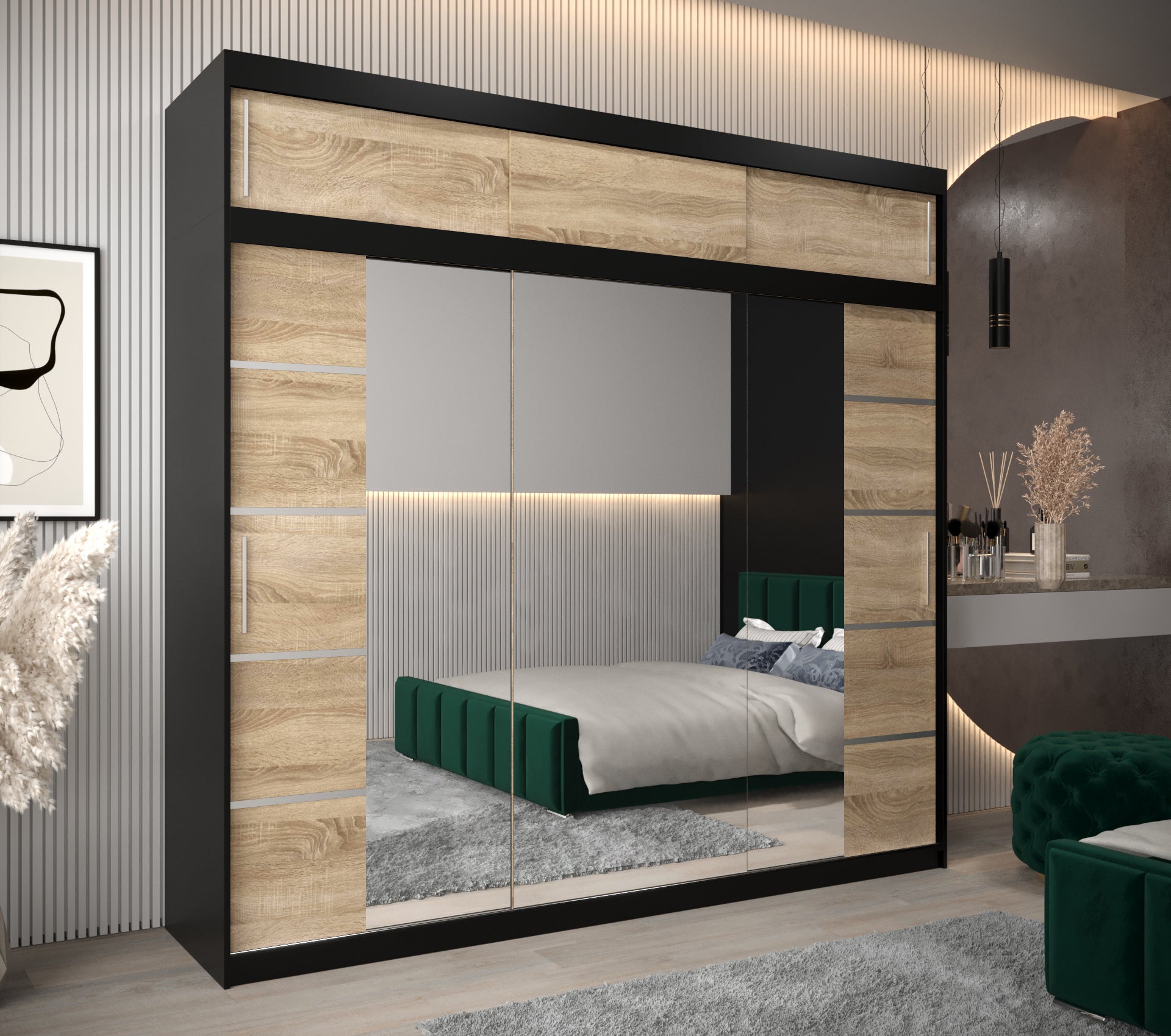 Szafa przesuwna z nadstawką garderoba Verona 4 250 x 62 x 240 cm Czarny + Sonoma - Abiks Meble