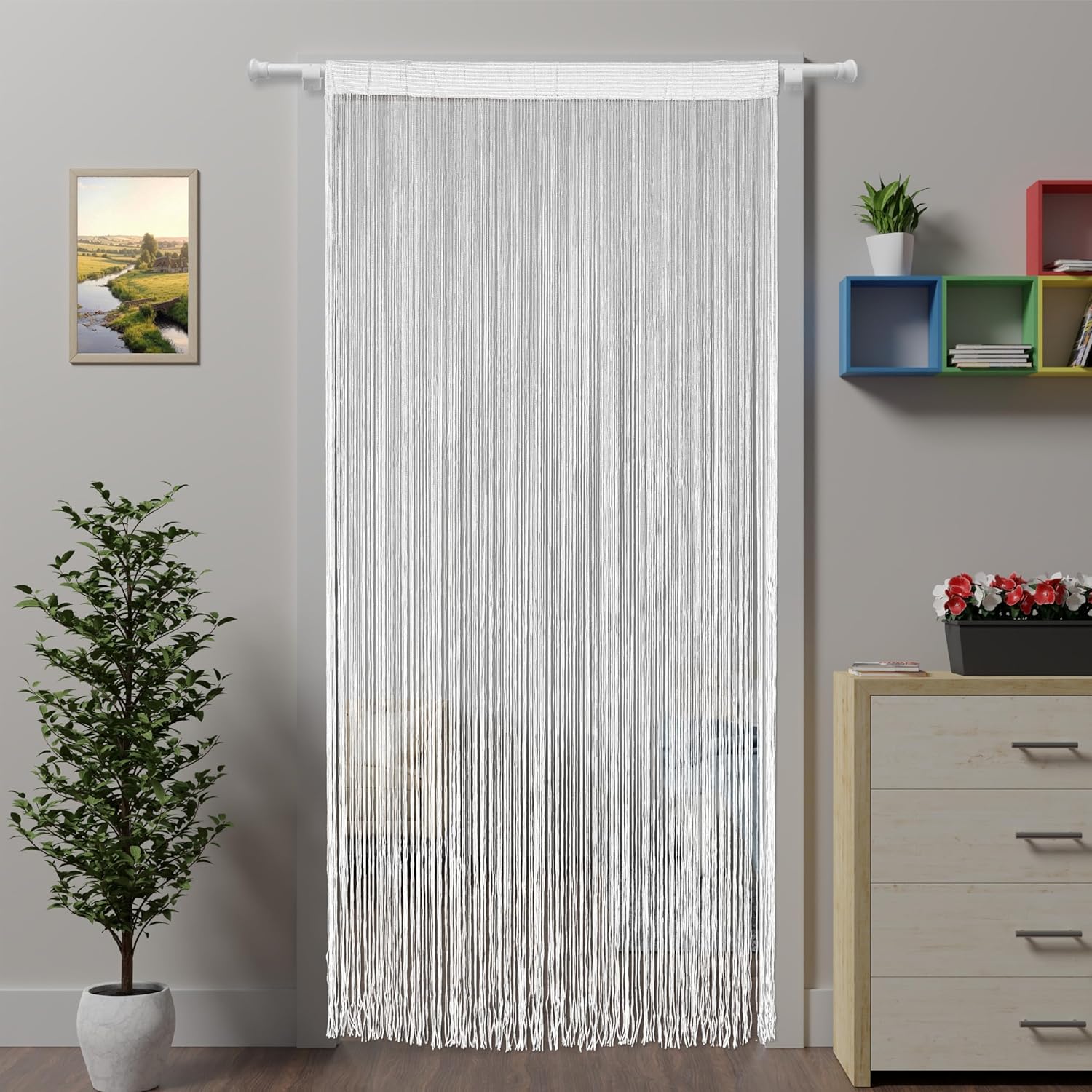 Zasłona drzwiowa 100 x 200 cm – moskitiera sznurkowa – zasłony okienne i drzwiowe z koralikami – ścianka działowa, do kuchni i na zewnątrz – biała