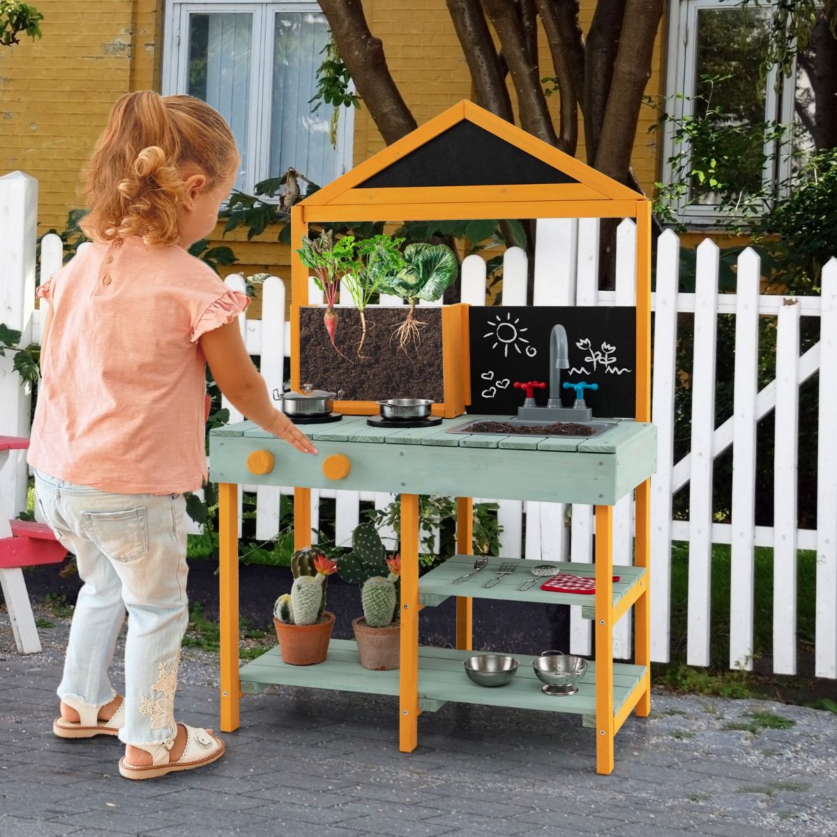 COSTWAY Cocina De Juguete Exterior Con Macetero: ¡La Cocinita Infantil De Barro Que Despierta La Imaginación (3 Años) Cocina Con Fregadero Extraíble