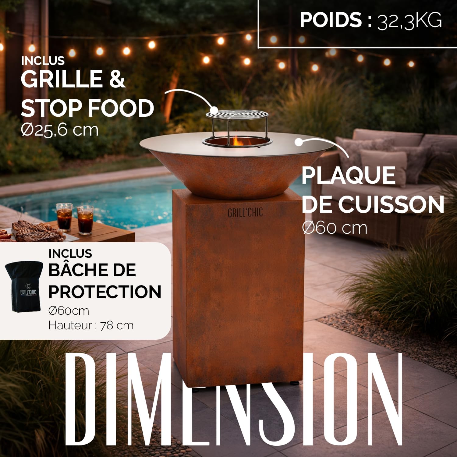GRILL'CHIC - Pack Privilège Brasero Auvergnat Corten Normal Rond - Simple Cuve - Avec Bâche + Grille + Stop Food Inclus - 3