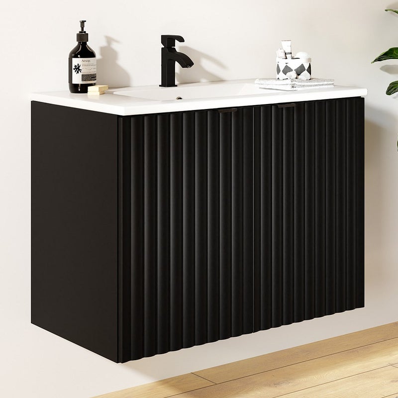 Szafka łazienkowa wisząca ryflowana z umywalką wpuszczaną w blat - Czarny - 80 cm - ZILGA