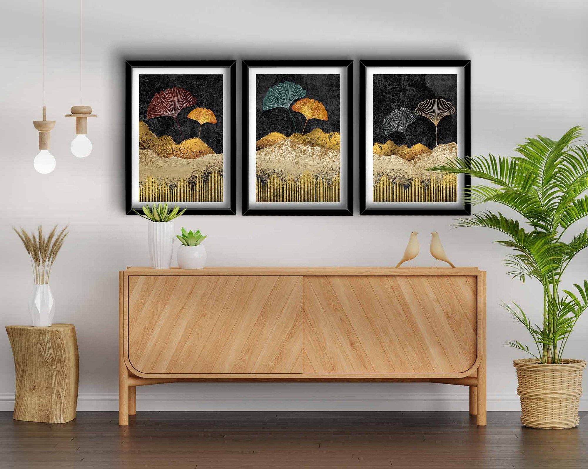 Set de 3 tableaux avec cadres Noir Galatée L38xH53cm Feuilles de Ginkgo ...
