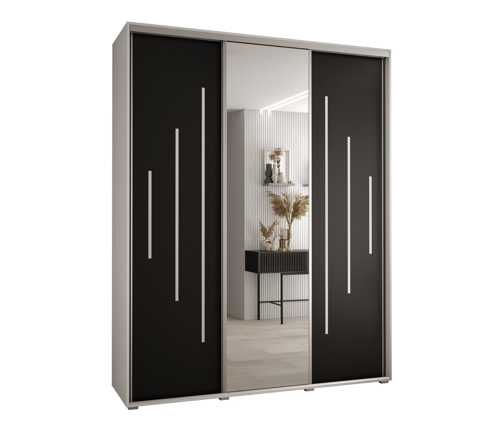 Szafa przesuwna z lustrem wysoka Davos 13 200 x 45 x 235,2 cm biały + czarny + u. srebrny - Abiks Meble