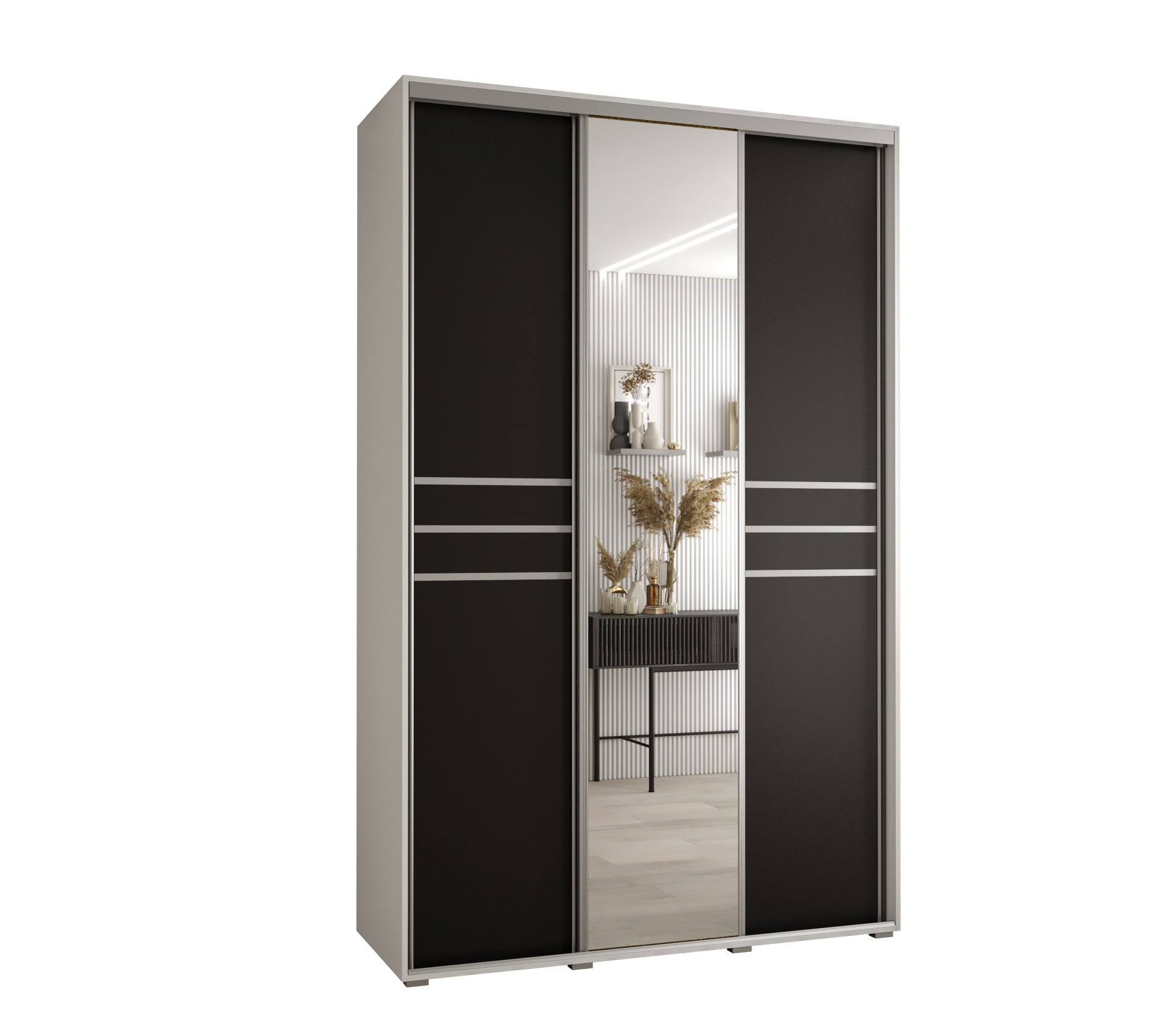 Szafa przesuwna z lustrem wysoka Davos 11 150 x 45 x 235,2 cm biały + czarny + u. srebrny - Abiks Meble