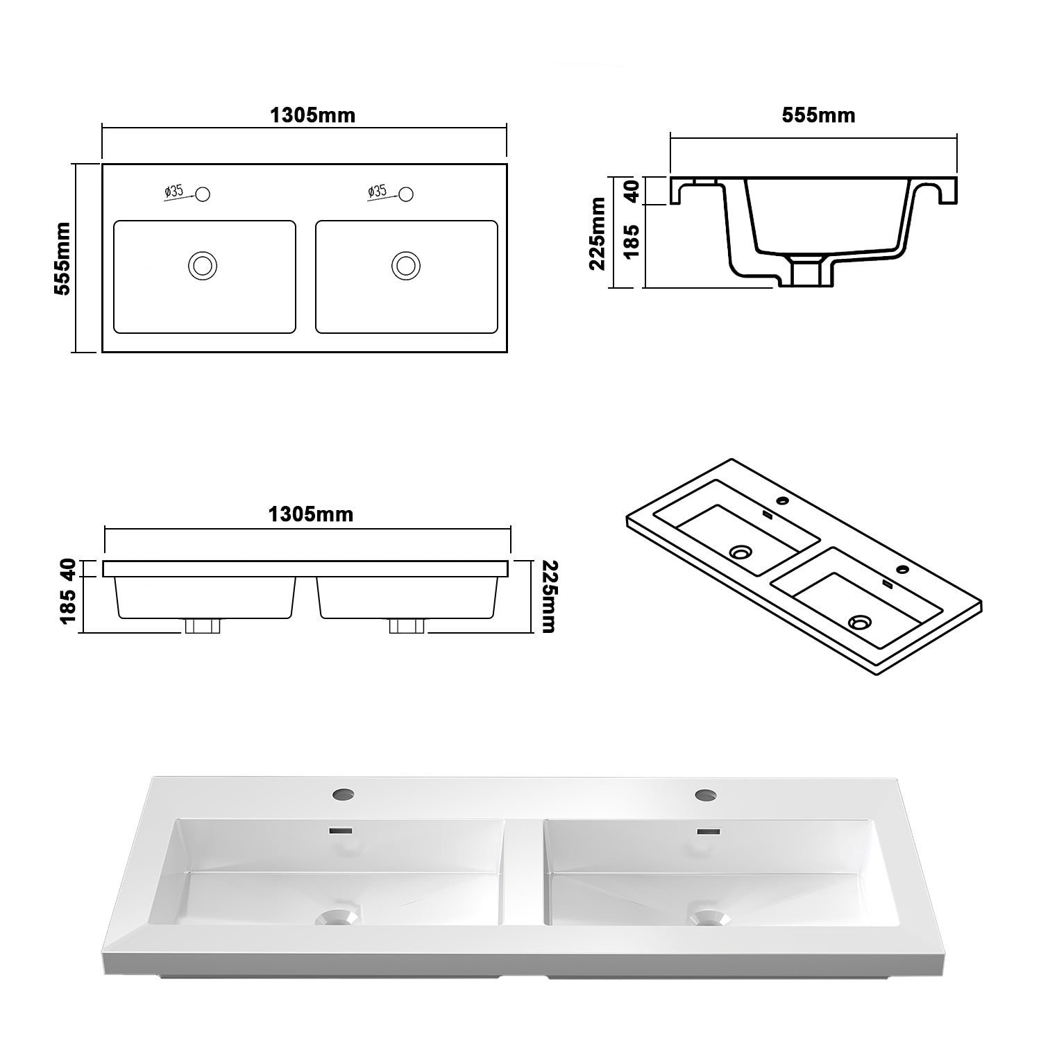 Meubles Salle de Bain 120cm avec double vasque - 4 tiroirs effet noyer - 6