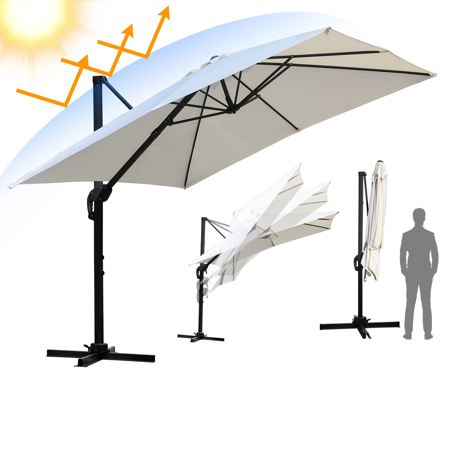 Parasol obrotowy o średnicy 3 m, odchylany, obrót 360°, parasol rynkowy, beżowy