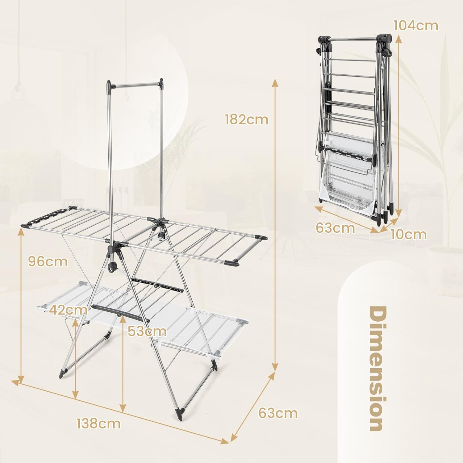 Étendoir Linge Intérieur,en Acier Inox, Cintre Haut 182 cm, Grand Filet de Séchage, Tancarville Linge Solide Réglable 70-140 cm - 9