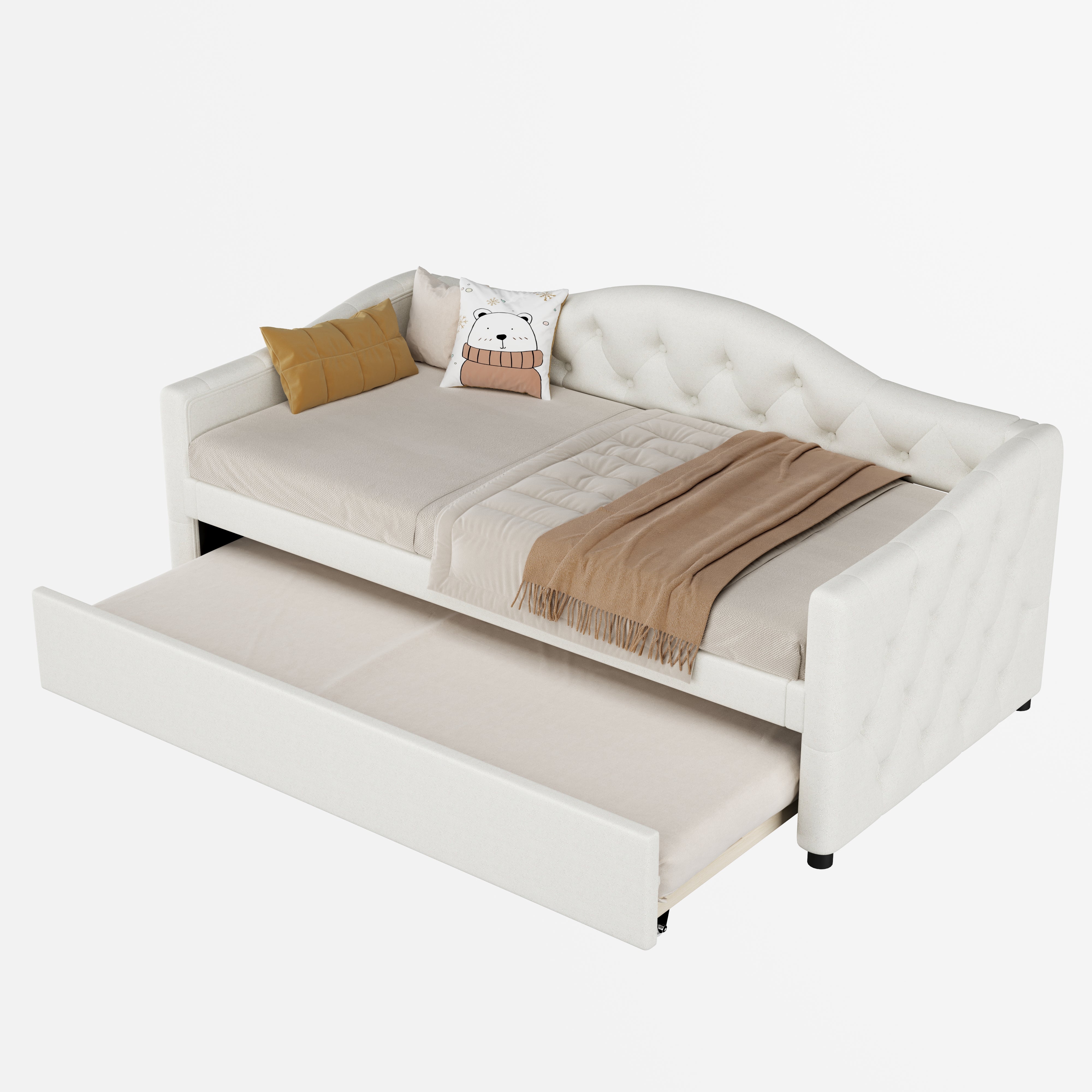 Cama nido 90 x 200 cm + cama 90 x 190 cm, sofá cama - tejido lino - color beige (sin colchón) - 4