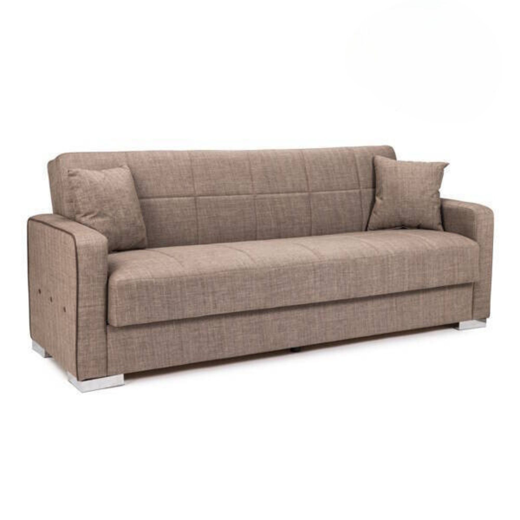 Sofa rozkładana w kolorze czekoladowym, sprężyny i chromowane metalowe nogi